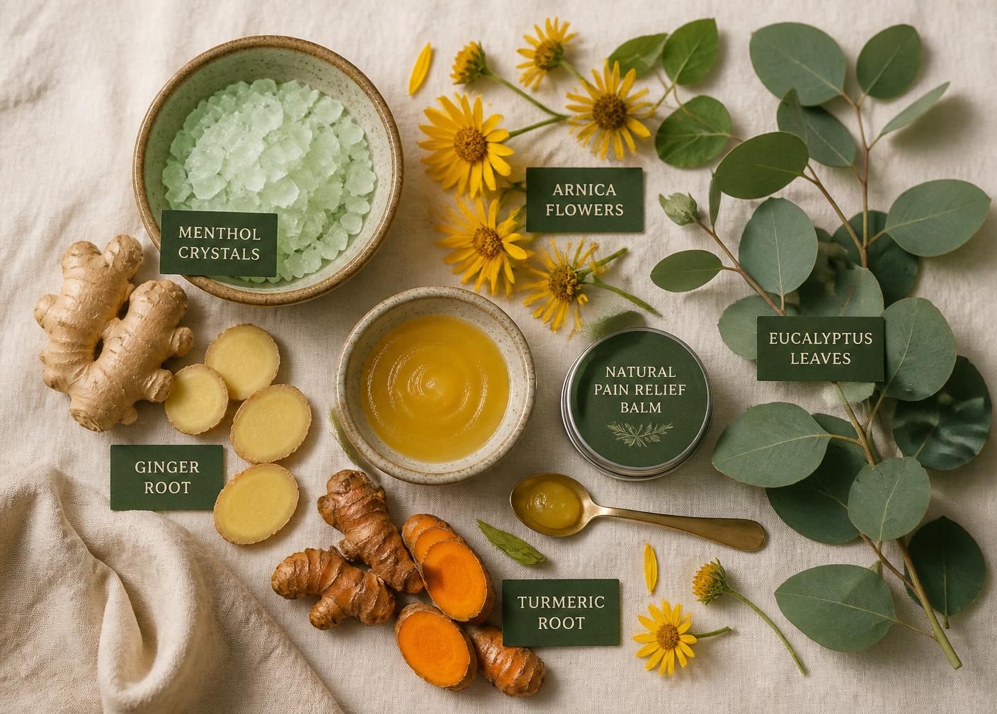 Flat lay of TheraWolf's natural ingredients: menthol crystals, arnica flowers, ginger root, turmeric and eucalyptus leaves